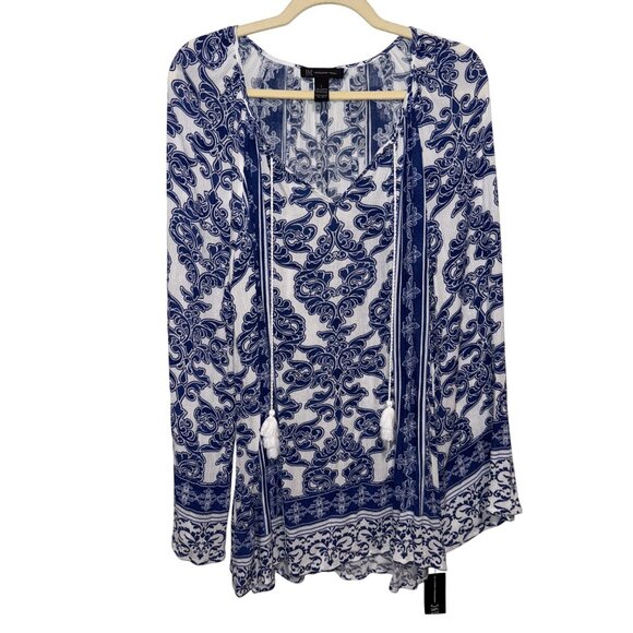 NWT INC Womens Boho Blue & White Long Sleeve Top Size L Damask Scroll - Picture 1 of 7
